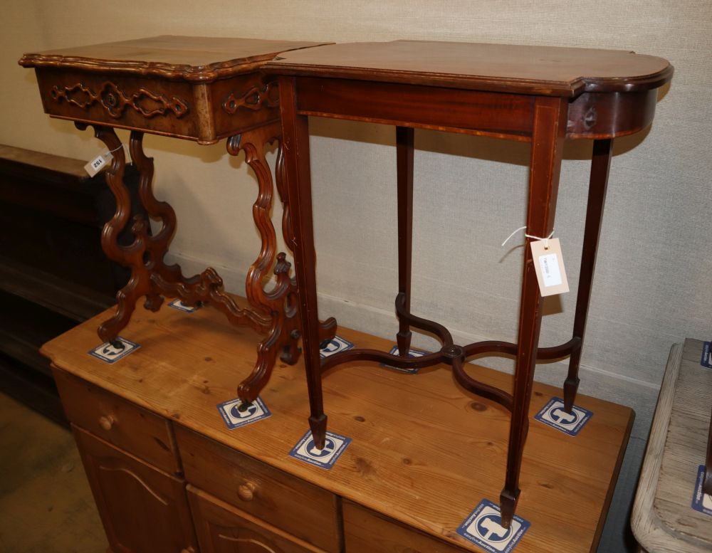 A late 19th century French walnut work table and an Edwardian banded mahogany shaped centre table, work table W.54cm, D.39cm, H.72cm